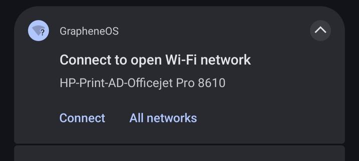 A screenshot of grapheneOS offering a printer WiFi network connection