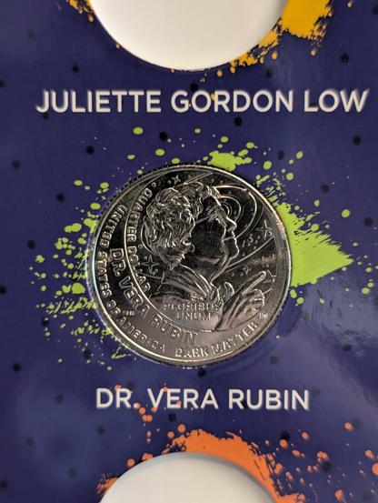 Closeup of the Dr. Vera Rubin quarter. An older Rubin is shown in profile. United States of America Quarter Dollar. Dr. Vera Rubin, Dark Matter.