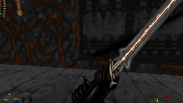 Screenshot of Heretic, played via GZdoom 4.5 with the Guncaster mod.  This swaps out the hero for a gun-toting anthro dragon and replaces all the weapons with railguns and suchlike, though you can also breathe fire.

One of the more interesting powerups is the 'draughsuit' which replaces the player's red scaly skin with a suspiciously catsuit-like material allowing you to run around as a black rubbery dragon.

The player is wielding a sword and his shiny hands are visible at the bottom of the display.