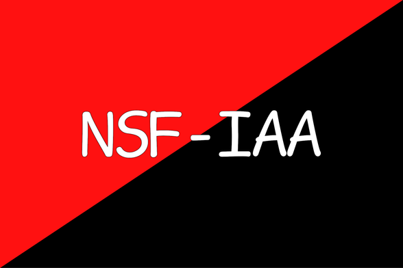 The image is a simple graphic design featuring the acronym "NSF-IAA" in white lettering against a diagonally split red and black background, reminiscent of an anarchist flag.