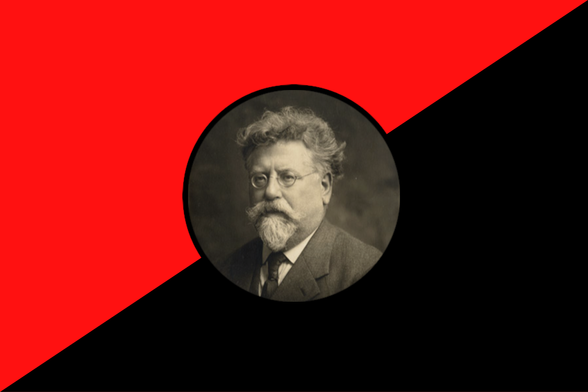 Centered portrait of Rudolf Rocker within a circle, set against a diagonally split red and black background resembling an anarchist flag.