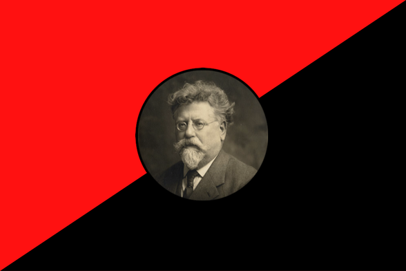 Centered portrait of Rudolf Rocker within a circle, set against a diagonally split red and black background resembling an anarchist flag.