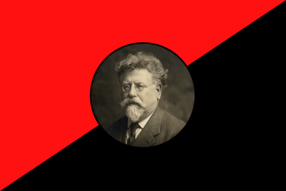 Centered portrait of Rudolf Rocker within a circle, set against a diagonally split red and black background resembling an anarchist flag.