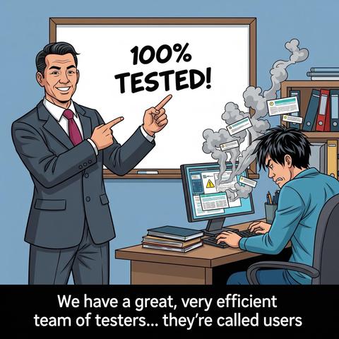 A businessman in a suit points at a sign reading "100% TESTED!" while standing next to a stressed individual working at a computer. The computer emits smoke and displays warning messages. Below, a caption reads, "We have a great, very
