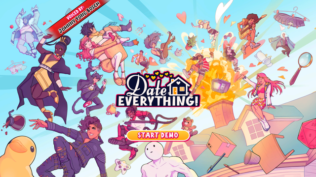 A screenshot of the Date Everything demo title screen.

Various colorful characters surround the game's logo, and next to one of them is a text box stating "Voiced by Johnny Yong Bosch".