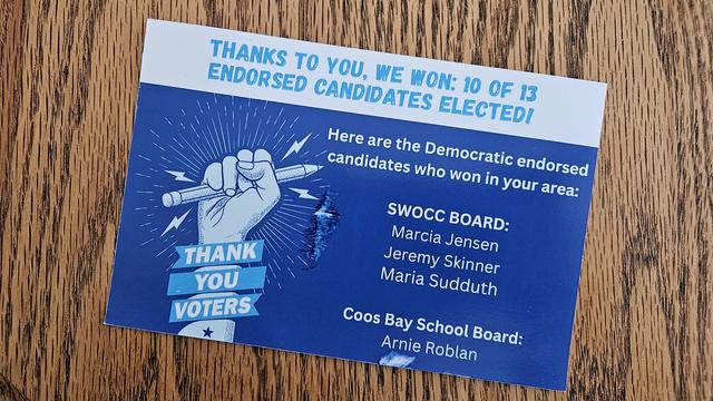 Postcard from a local Democratic Club headlined thanks to you we won 10 of 13 endorsed candidates elected! Here are the Democratic endorsed candidates who won in your area thank you voters followed by a list of names