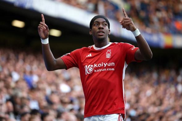 Anthony Elanga of Nottingham Forest celebrates after scoring the team's first goal during the Premier League match between Chelsea FC and Nottingha...