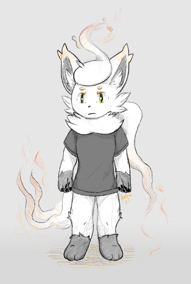 bipedal hisuian zorua wearing black t-shirt against gray background