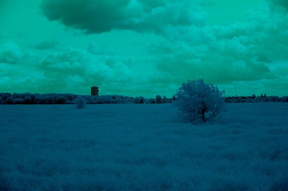 The image presents a landscape with a grassy field and a solitary tree. The sky is cloudy, and a tall structure is visible in the distance. This image has a bluish-green tint, which adds a cool, tranquil feel to the scene.
