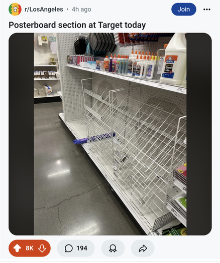 Empty shelves and the caption "Poster board section at Target today" from the Los Angeles subreddit
