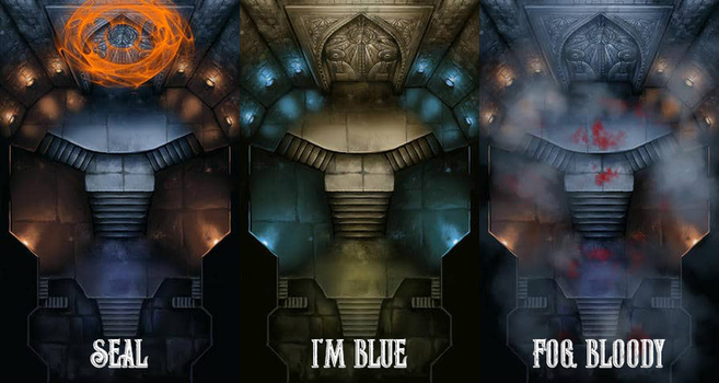 Gates to the Underworld and its variations by Domille's Wondrous Works. It features a dark and foreboding stairwell leading up to a massive door.