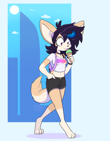 fox the fennec walks along enjoying her ice cream, a blue rectangle with vague building shapes stands behind her