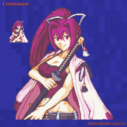 A 16 bit pixel art portrait of a shapely woman with burgundy hair and eyes.  She's posed gripping the sheath of a katana with her right hand, with the sheath resting between the thumb and index finger of her of her left.  She wears a low-cut burgundy tank top with midriff exposed, and white low-rise jeans.  She has a pale pink and maroon yukata top draped over her shoulders.  Her hair is tied back in a ponytail with a thin white ribbon.  The art is of the character Yuziriha from the Under Night In-birth game series.