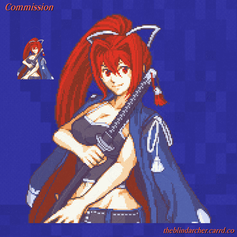 The same character as in the previous image with colors changed.  In this image, her hair and eyes are a vivid red, her tank top is black, and her jeans and yukata are dark blue.