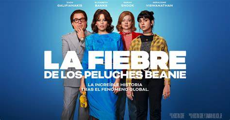 Póster de la película 'La fiebre de los peluches Beanie', mostrando a cinco personajes principales con un fondo azul y el título destacado en letras grandes.
