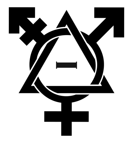 the therian theta delta symbol inset in the transgender symbol with a white outline