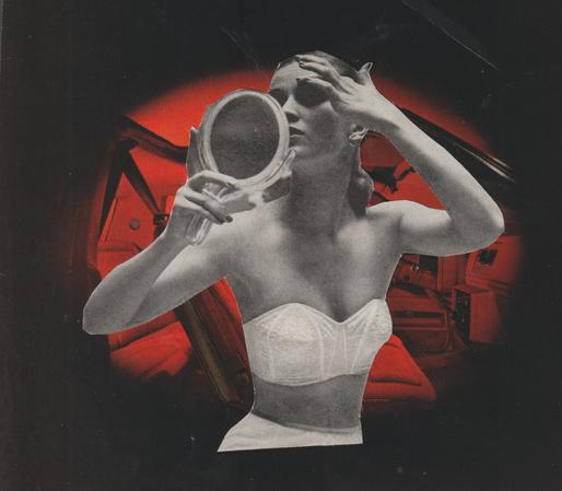 a thin femme checks her eye makeup in a bustierre, backed by a red-tinged 70s car interior. glittering highhats and driving bass implied