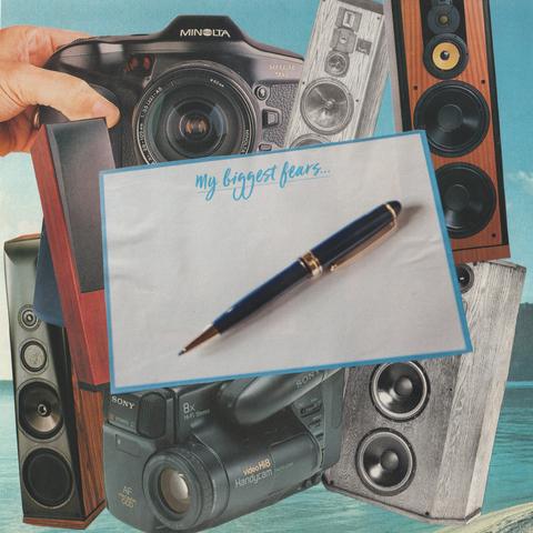 a notepad starting with "my biggest fears.." surrounded by cameras and speakers