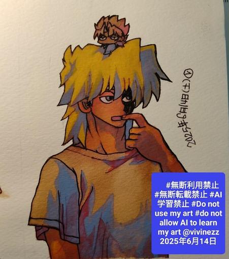 遊戯王のファンアート。Tシャツを着た城之内が口を指で広げている。頭の上にちび闇マリクが乗っている。
