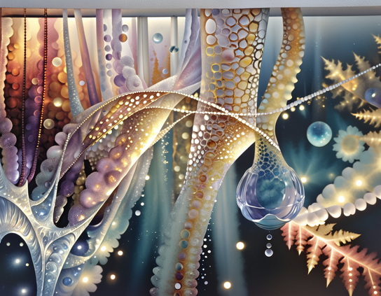 A playful microscopic fantasy scene with cellular and organic structures in glowing strings of light tinted gold, purple, and blue, resembling a festive carnival of light and texture.