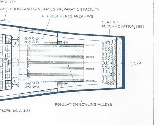 A close-up from the same set of drawings of a horizontal cross-section of the Enterprise, showing the bowling alley in detail. Six lanes, seating for 83, and a snack bar.