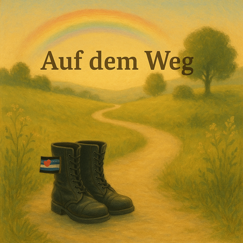 „Gemälde in warmen Pastell- oder Acrylfarben: Ein geschwungener Pfad führt durch eine grüne Hügellandschaft unter einem Regenbogen. Im Vordergrund stehen schwarze Lederstiefel mit einer kleinen Leather-Pride-Flagge. Darüber prangt in eleganter Schrift der Schriftzug ‚Auf dem Weg‘.“