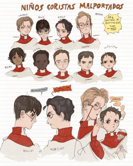Niños coristas malportados. Fanart de los personajes de cónclave la película, en este se muestra a Lawrence, Bellini, Tedesco, Tremblay, Benítez, Adeyemi, O'malley, Sabbadin y Wozniak como niños que cantan en el coro de la iglesia. Tienen ropa de monaguillo.
Es un estudio de personajes, asi que aparecen mas que nada sus rostros.

Abajo, dos interacciones, una entre bellini y Tedesco, en la segunda, Tremblay y Wozniak.