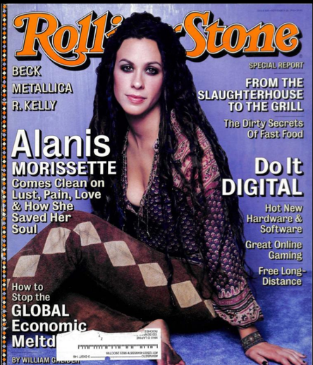 Portada de la revista Rolling Stone de noviembre de 1998 con Alanis Morissette, luciendo un estilo bohemio y con el título destacando su nombre.