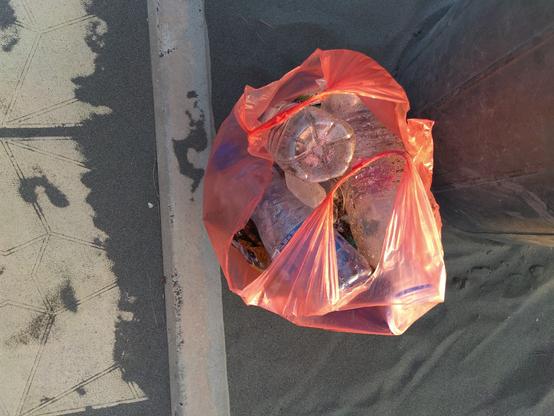 Tüte mit Müll vom Strandspaziergang. Einwegflaschen, Styropor, Verpackung