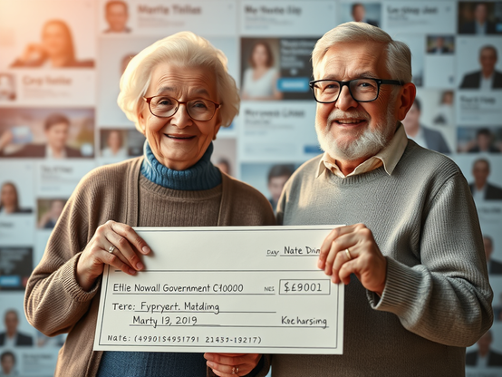 Dos adultos mayores sonrientes sosteniendo un cheque del gobierno frente a un fondo de retratos, mostrando una imagen de felicidad y orgullo.