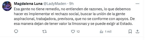 Captura de pantalla de un tweet que expresa opiniones críticas sobre la ayuda estatal hacia personas mayores, promoviendo el rechazo social hacia ellos.