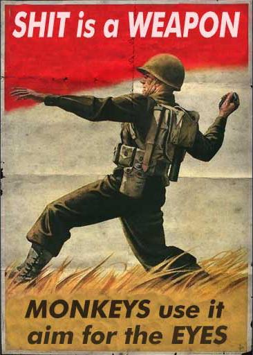 A soldier prepares to throw a "grenade."
Shit is a weapon.
Monkeys use it.
Aim for the eyes.