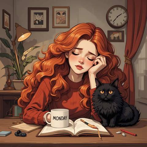 Una mujer con cabello rizado y pelirrojo, sentada en una mesa con una taza de café que dice 'MONDAY', un cuaderno abierto y un gato negro a su lado. El ambiente es acogedor, con decoraciones en las paredes y una planta de fondo.