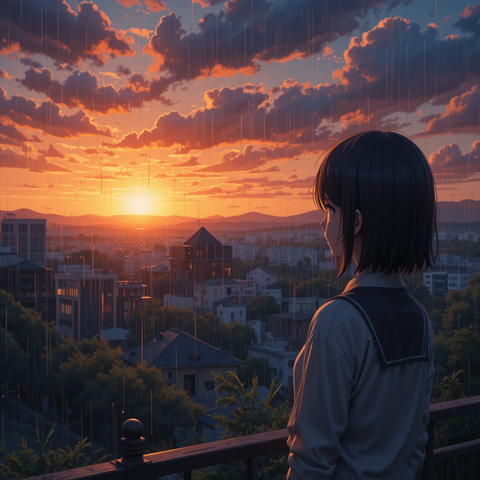 Una joven observa un atardecer desde un balcón, con nubes y lluvia ligera, mientras la luz del sol se oculta tras las montañas.