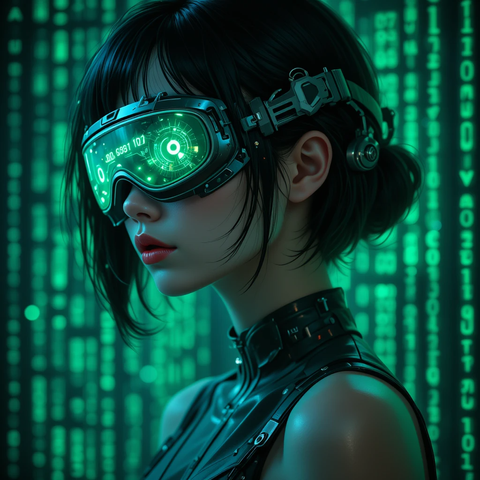 Mujer con gafas futuristas y fondo de código verde que evoca un ambiente digital.