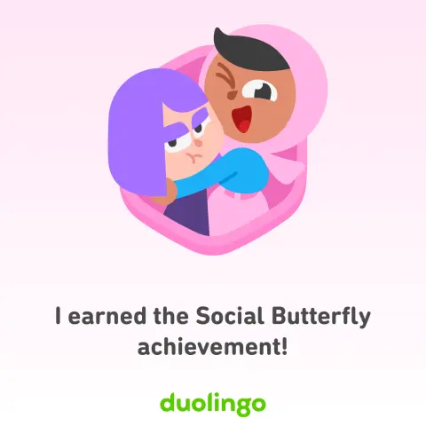 Duolingoのアチーブメント、ピンクのキャラクターが紫のキャラクターに抱きついているイラスト