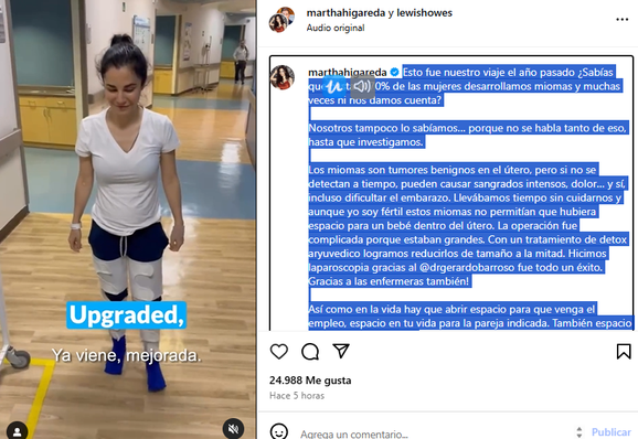 Martha Higareda con muletas en un pasillo de hospital, sonriendo y mostrando una actitud positiva hacia su recuperación después de una cirugía.