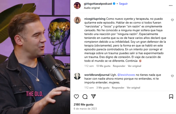 Lewis Howes en un podcast hablando sobre relaciones y terapia, con micrófono en mano y gráfico de texto en la pantalla.
