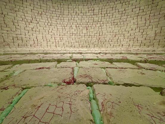 Close-up of the installation’s bricks. The pale blocks have cracks filled with red thread-like lines, symbolizing organic or microbial networks. Greenish material fills gaps.