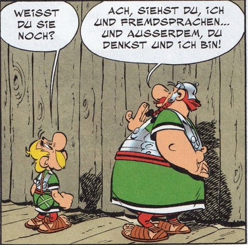 Asterix und Obelix stehen als Legionäre vor einem verschlossenen Tor.