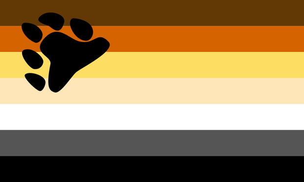 the bear flag, a pride flag designed to represent the bear subculture within the LGBTQIA+ community. The colors of the flag—dark brown, orange/rust, golden yellow, tan, white, gray, and black—symbolize species of animal bears throughout the world. There is also a paw print in the upper left corner