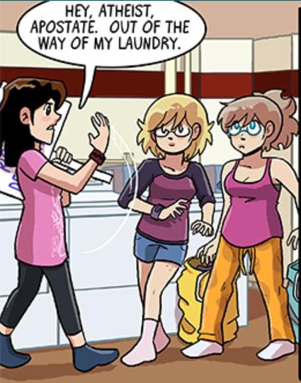 mary telling an atheist (dorothy) and an apostate (joyce) to get out of the way of her laundry