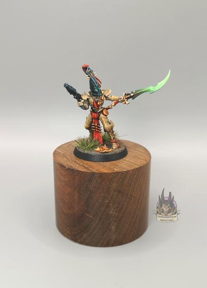 Archon armed with a pistol and glowing greent sword, in bone armour with a black helmet and red cloth