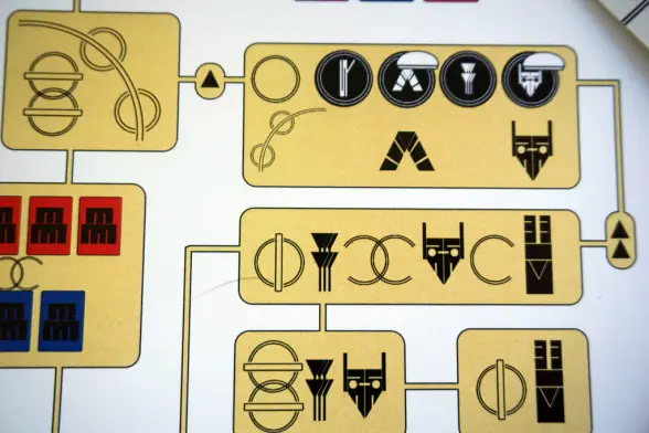 part of the pictographic instructions for the puzzle / game with maybe a flow chart and lots of odd symbols