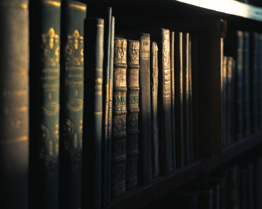 A photo of old books in the Klosterneuburg monastery library. A ray of sunshine is shining diagonally on the books, revealing mostly green and gold covers
