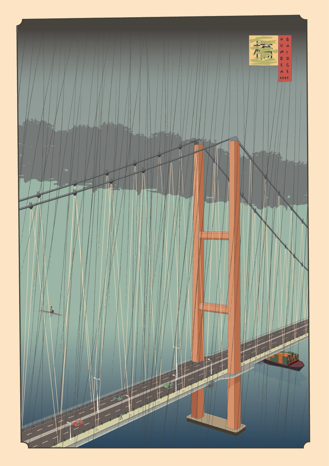 My version of Hiroshige’s famous print Sudden Shower over Shin-Ōhashi bridge and Atake depicting the Humber Bridge and very light traffic.