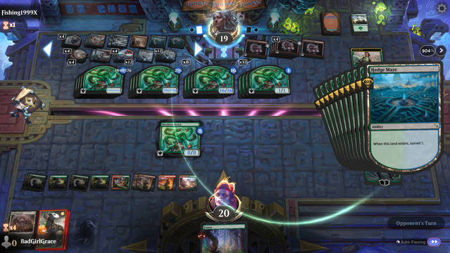 a MTG Arena game. I have a single Forest in hand and an 8/8 mossborn hydra. they have a zillion copies of the same hydra, except theirs are as big as 1048576. They have 904 triggers on the stack