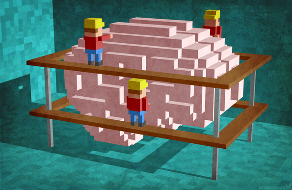 Minimalistic voxel-style illustration, showing a huge brain being built by construction workers on a scaffold surrounding the brain.