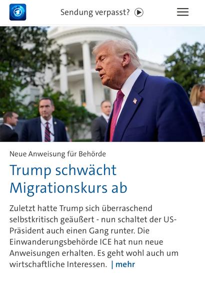 Auf dem Bild sieht man Donald Trump im Profil, in einem blauen Anzug mit roter Krawatte, vor dem Weißen Haus. Er wirkt ernst, fast in sich gekehrt, während Sicherheitsleute im Hintergrund stehen. Die Szene vermittelt den Eindruck eines Wendepunkts – ein mächtiger Mann, der erstmals nicht in Siegerpose erscheint, sondern als jemand, der einen Gang zurückschaltet. Im Kontext der Nachricht, dass Trumps Migrationspolitik abgeschwächt wird, symbolisiert dieses Bild ein politisches Innehalten, ein leises Schwanken im autoritären Kurs. Es öffnet Raum für Hoffnung – dass Würde, Menschlichkeit und demokratische Prinzipien wieder Boden gewinnen können.

⸻

🖼️ Image Description (English):

The image shows Donald Trump in profile, wearing a blue suit and red tie, standing in front of the White House. His expression is serious, almost introspective, while security personnel stand in the background. The scene suggests a moment of transition – a powerful figure no longer exuding dominance, but instead seeming to pause. In the context of the news that Trump is softening his immigration stance, the photo symbolizes a political retreat, a subtle weakening in authoritarian resolve. It opens a window of hope – that dignity, humanity, and democratic values may once again rise to the forefront.🖖