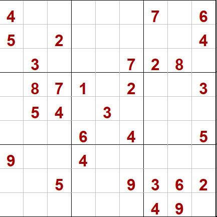 Grille de sudoku 9x9 (niveau facile)

4__|___|7_6
5_2|___|__4
_3_|__7|28_
_87|1_2|__3
_54|_3_|___
___|6_4|__5
9__|4__|___
__5|__9|362
___|___|49_